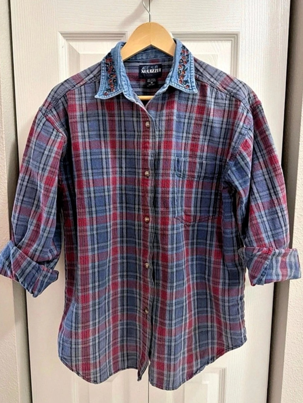 Vintage Plaid Embroidered Collar Cotton Size Medium